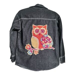 One of a Kind Handcrafted Black Denim Owl Jacket | Size Small
